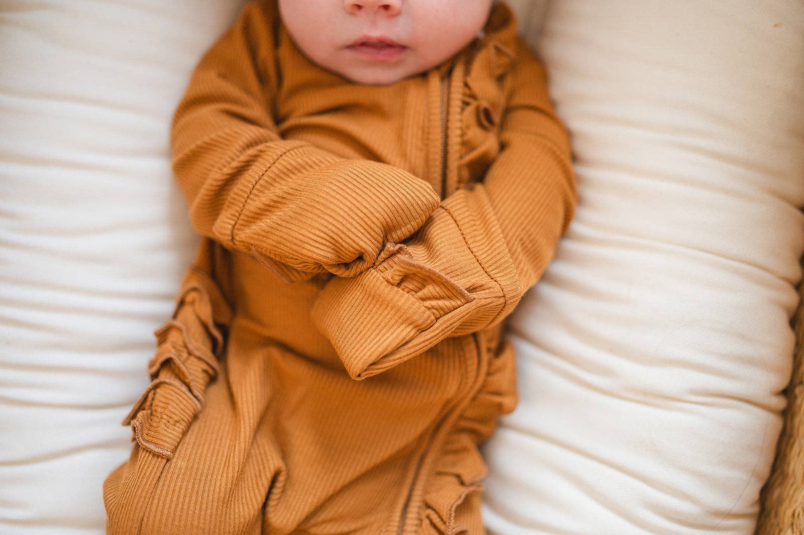 Harp Angel Boutique - Wholesale Jumpsuit - Baby - Ruffle Zipper One Piece - Caramel Ribbed3