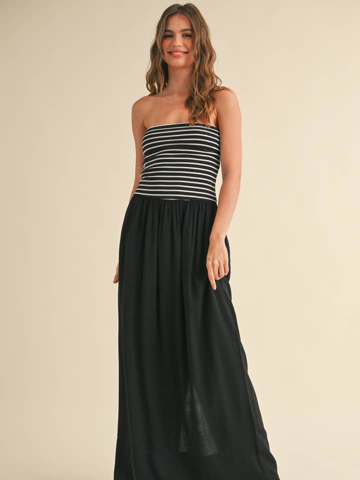 MIOU MUSE - Wholesale Dress - Women's - D4681 STRIPE RIBBED TOP WITH LINEN DRESS