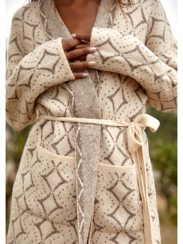 Natural Taupe Western Diamond Jacquard Belted Cardigan for wholesale on Faire
