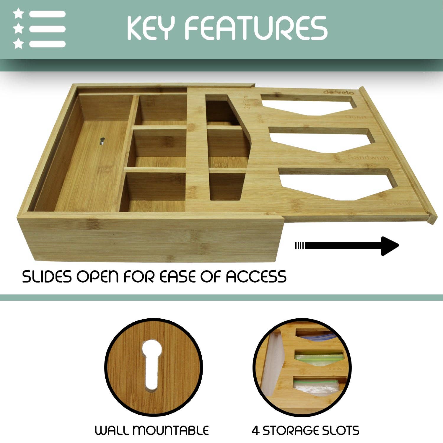 DE'VELO INC. - Venta al por mayor Almacenamiento/organizadores de cocina - Organizador de Bolsas Ziplock de Bambú5