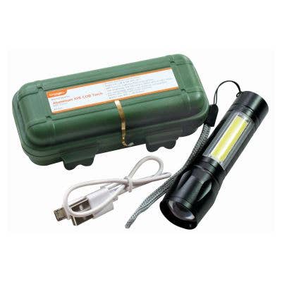 Rinkit Ltd - Wholesale Flashlight - Black 3W + 2W COB Rechargeable Aluminium Torch with Zoom - By Kingavon