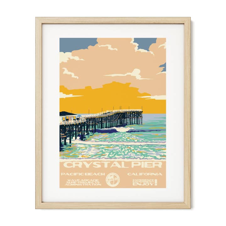 Crystal Pier WPA Surf Poster | Vintage Pacific Beach Art Print for wholesale by WAVE ARCADE