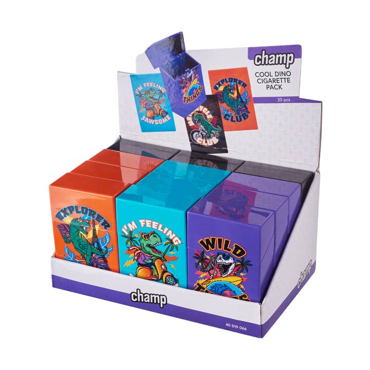 Display 12 cases pack of Cool Dino cigarettes for wholesale by Champ by Polyflame