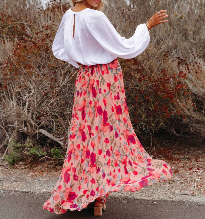 Pink Elegant Floral Print Loose Skirt for wholesale on Faire1