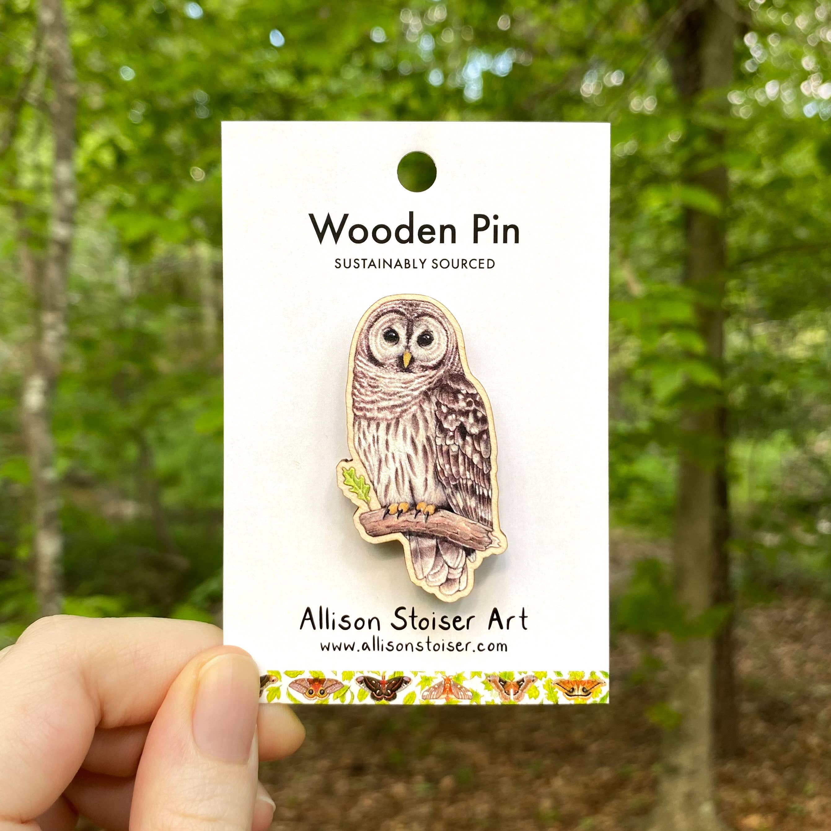 Allison Stoiser Art - Wholesale Lapel Pin/Button - Barred Owl Wooden Pin (Sustainably Sourced)