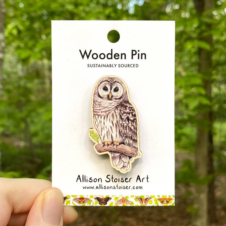 Allison Stoiser Art - Wholesale Lapel Pin/Button - Barred Owl Wooden Pin (Sustainably Sourced)0