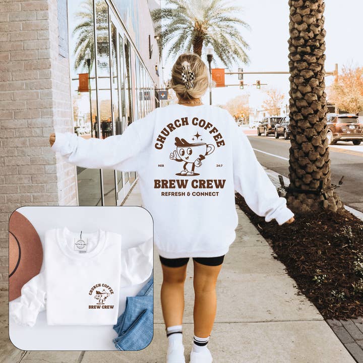 Kristen Grafisk Sweatshirt Kyrka Kaffe Crew Retro Vibes för wholesale av Faith & Life Christian Brands