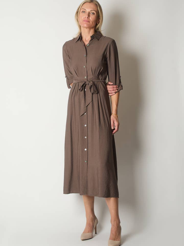 Button-Down Shirt Dress with Waist Tie - Coffee for wholesale by SOLO