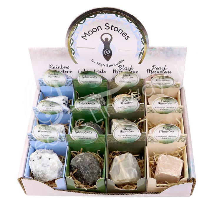 Oceanic Linkways Inc - Wholesale Spiritual Stone/Crystal - (SET OF 12)POP-UP DISPLAY BOX - MOON STONES (SET OF 12) 8.5