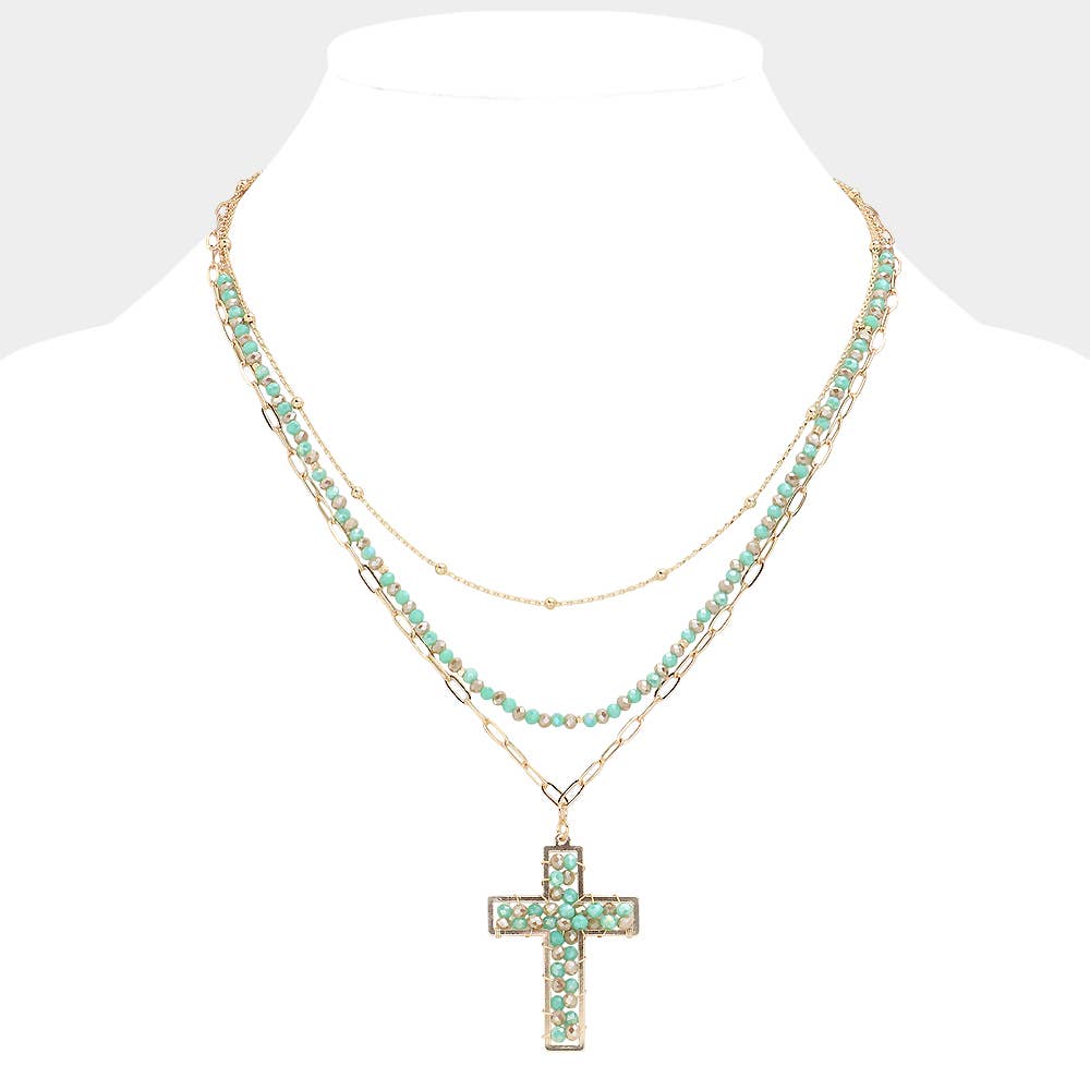 Sensibling Corp. - Wholesale Pendant/Charm Necklace - Faceted Beaded Metal Paperclip Chain Layered Cross Pendant Necklace2