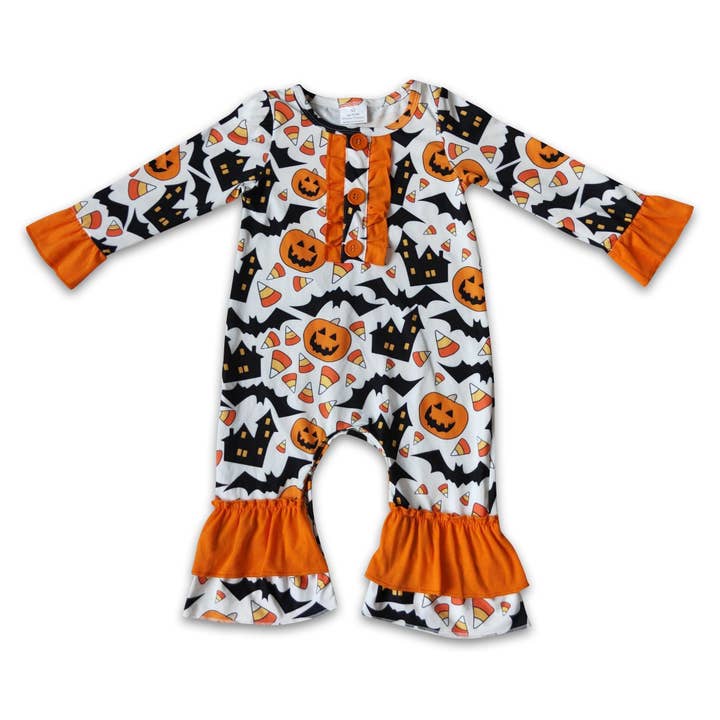 Long sleeve pumpkin Halloween baby romper for wholesale by Yawoo Garments