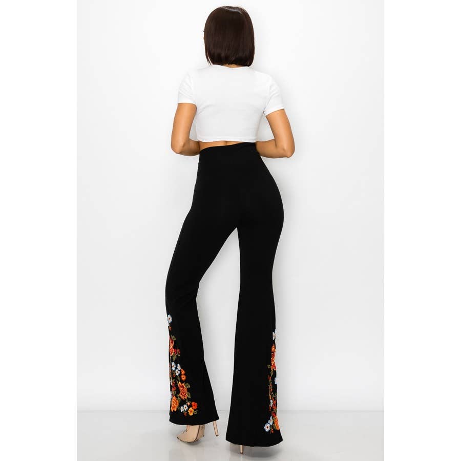 T-Party - Wholesale Pants - Women's - Floral Embroidery Flare Leg Foldover Waist Pants7
