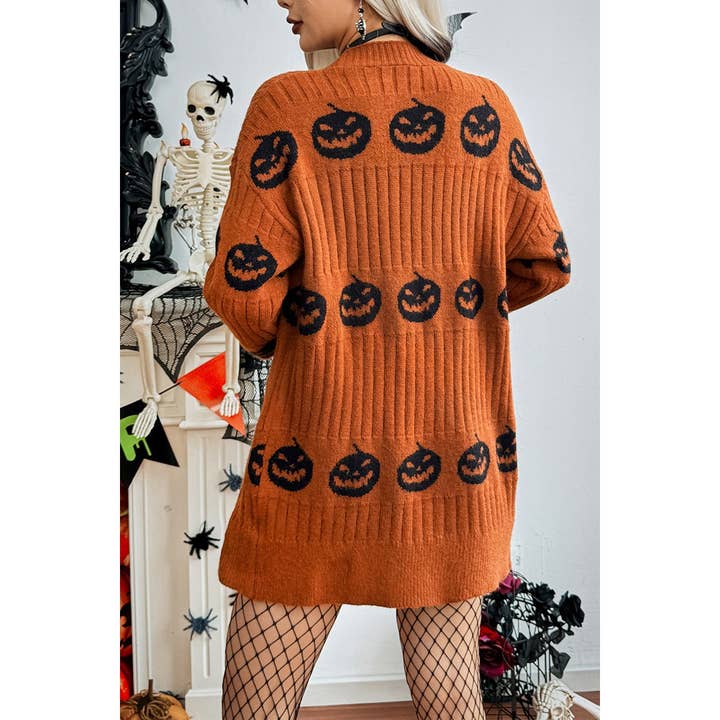 COFFEE Pumpkin Print Open Front Long Sleeve Cardigan for wholesale on Faire