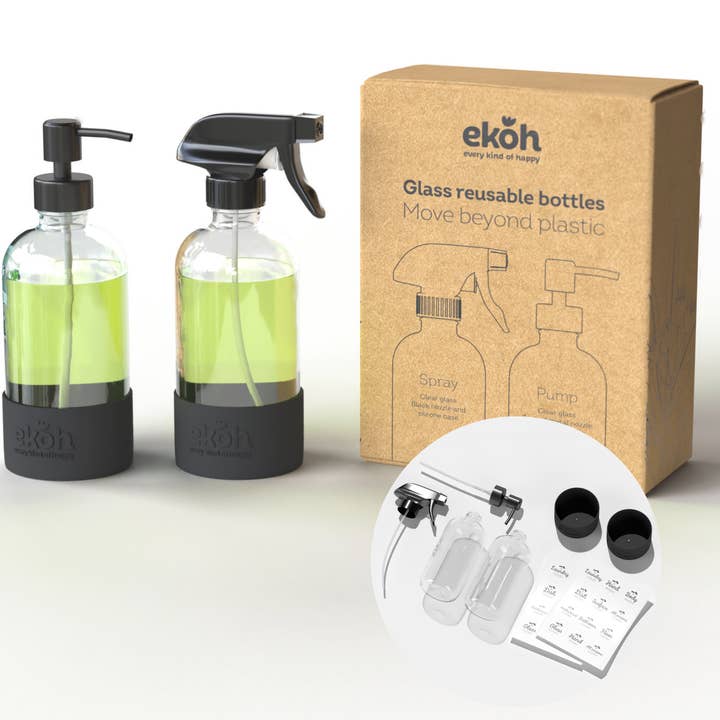 Clear Glass Boston Bottles16oz Soap & Spray Dispenser 2pk for wholesale by EKOH