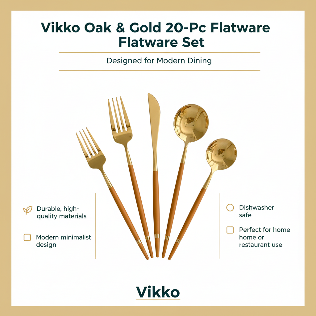 Kadra Kitchenware - Wholesale Flatware Set - Vikko Oak & Gold 20Pc Flatware Set for 4 with Gift Box3