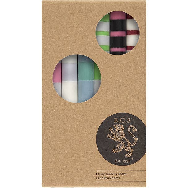 British Colour Standard North America - Wholesale Tapered Candle/Candlestick - BRITISH COLOUR STANDARD - 25cm / 10'' H - STRIPED Mixed Pack of all 3 Stripes Eco Dinner Candles, Gift Box of 61