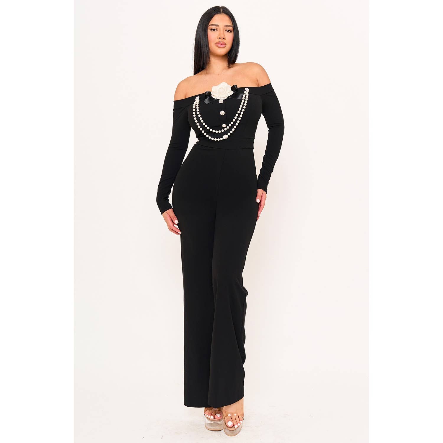 BLACK Off The Shoulder Contrast Trim Jumpsuit for wholesale on Faire3