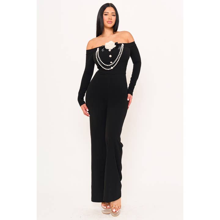 BLACK Off The Shoulder Contrast Trim Jumpsuit for wholesale on Faire3