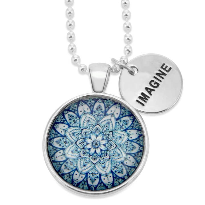 'Imagine' Bright Silver Pendant Charm Necklace for wholesale by Sister & Soul