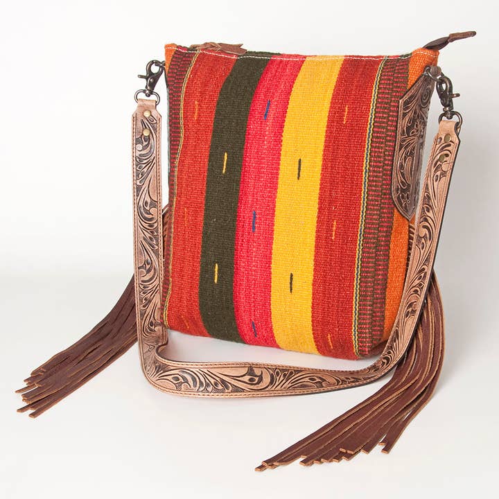 LC-ADBG905 Southwestern Wool Blanket & Tooled Leather Fringe Large Crossbody Bag Sally by American Darling for wholesale by LS Western