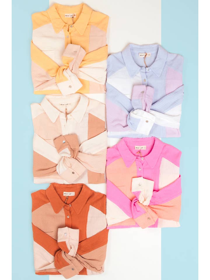 VERY J - Wholesale Button Down Shirt - Women's - NT10324-Color Blocked Button Down Shirt14
