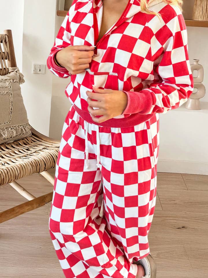 Ensemble à carreaux avec sweat à capuche demi-zip et pantalon ample (S-XL) pour la vente par 66DISCO