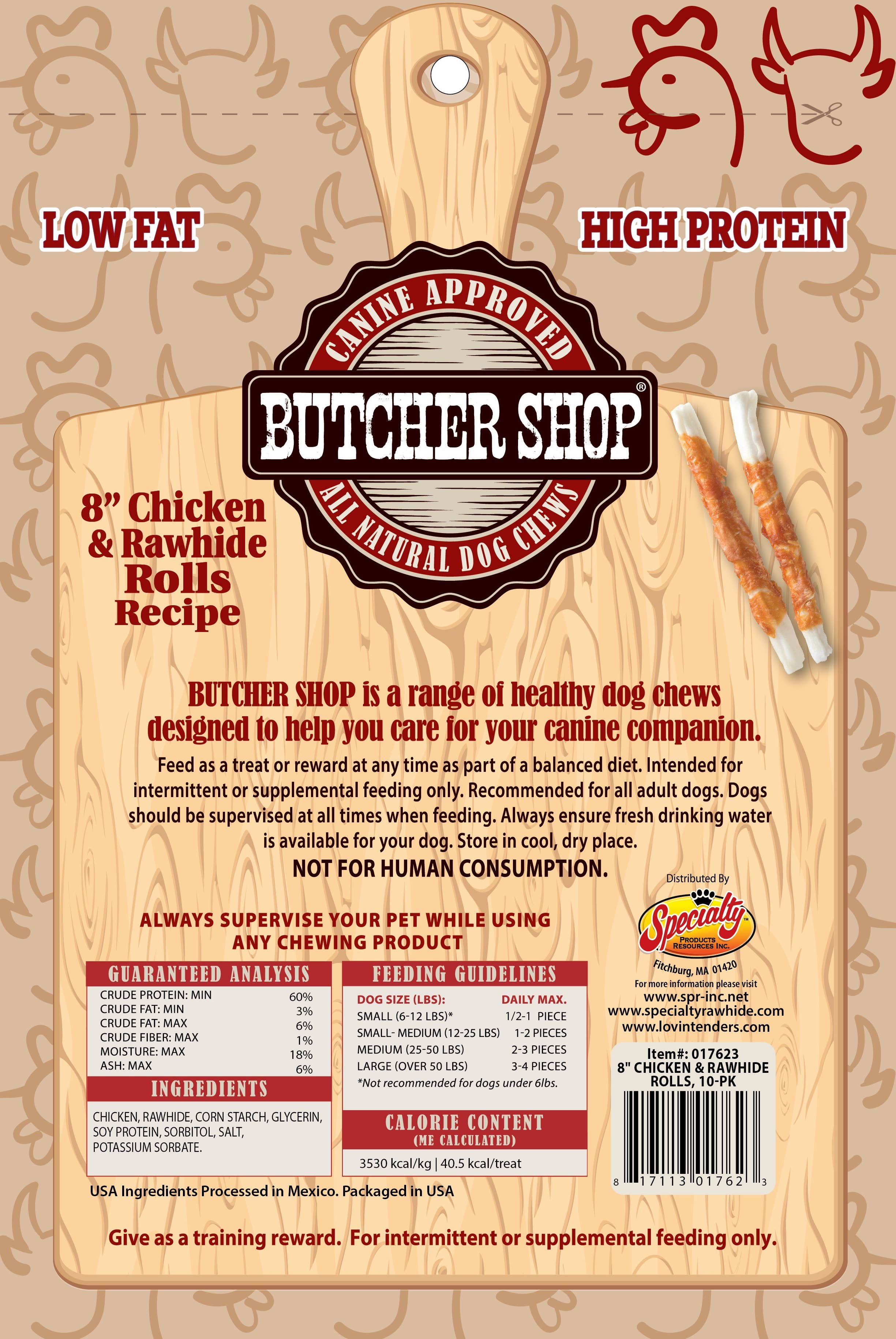 Lovin Tenders - Wholesale Pet Treats - Dog - Butcher Shop 8” Chicken & Rawhide Rolls, 10-Pk1