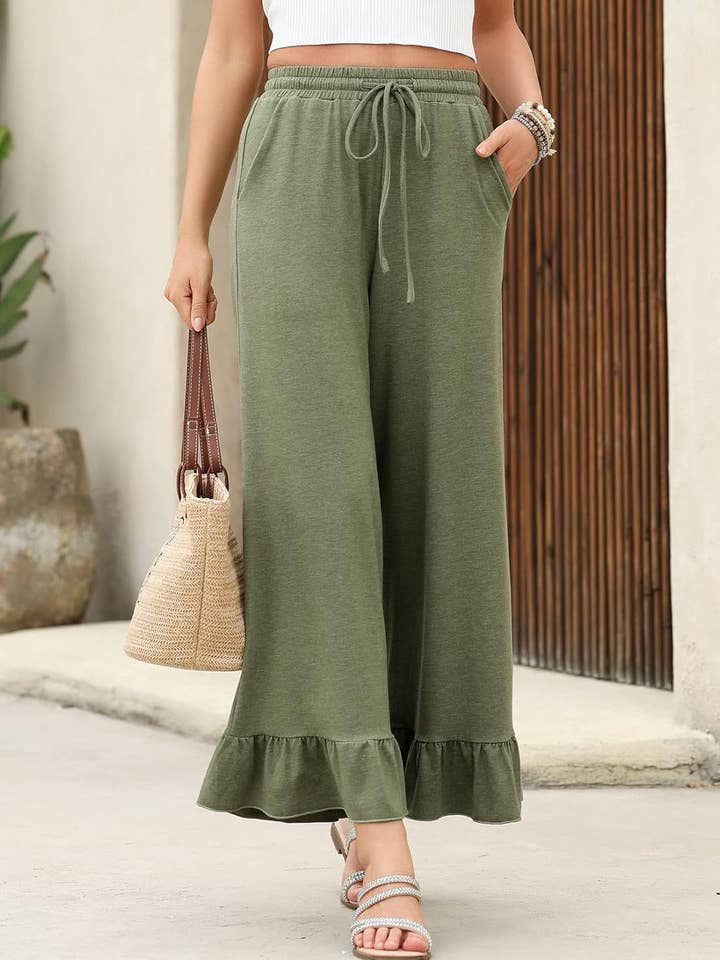 Rosa Clothing - Wholesale Pants - Women's - Laced Ruffled Hem Wide Leg Pants