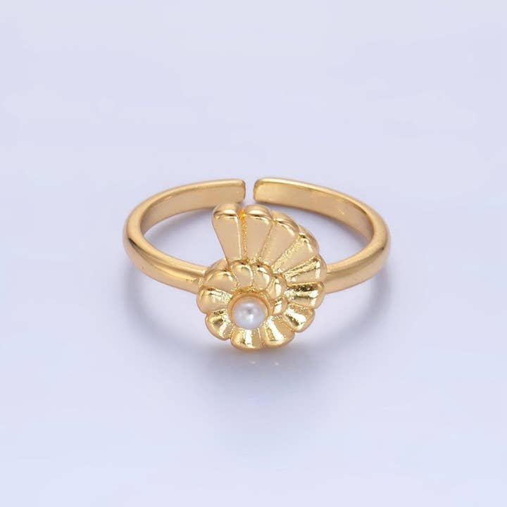 24K Gold Filled Clam Shell Pearl Adjustable Ring in Gold & Silver | U421 for wholesale by Aim Eternal