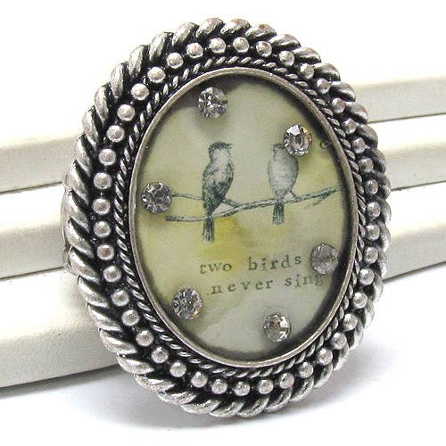 Silver Insanity – wholesale Cocktail/statement ring – Two Birds Never Sing - Animal Art Cameo Silver Tone Stretch Ring