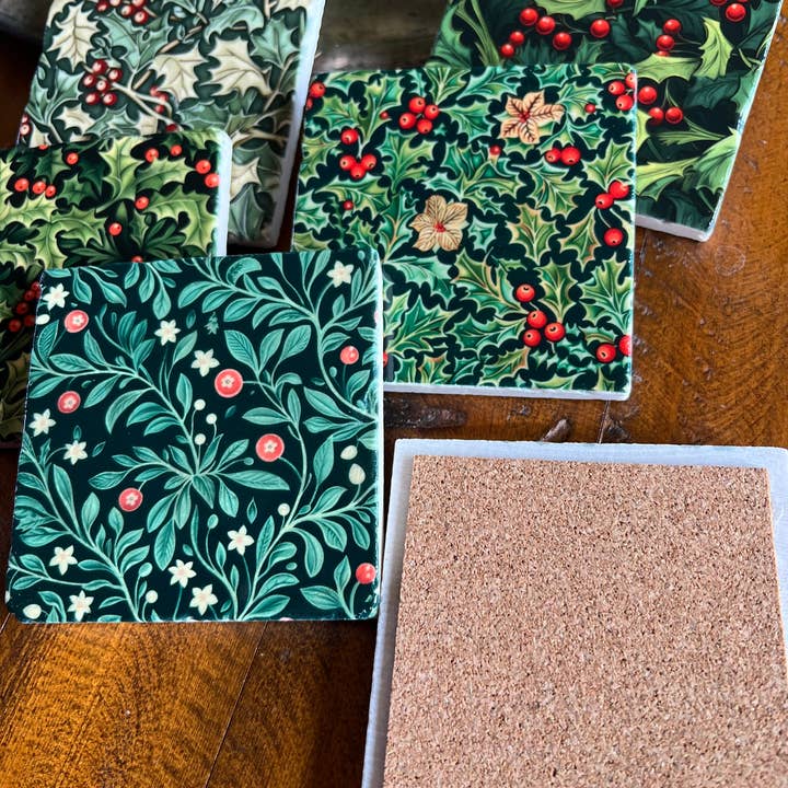 The Painted Lily - Wholesale Coasters - Holiday Holly stone coasters - case of 63