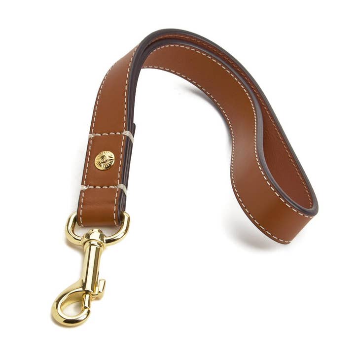 Leather Dog Short Leash & Seatbelt Tether – Tan / Gold for wholesale by Pinewood Leather & Collar
