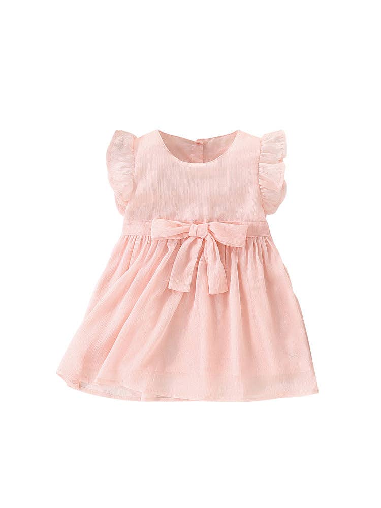 Summer Arrival Girls’ Simple Plain Pink Short Sleeves Bow Tied Dress for wholesale on Faire0
