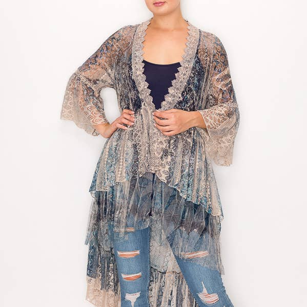Ethereal Lace Tiered High-Low Kimono Cardigan - 4508 TAUPE/NAVY for wholesale by Origami Apparel ~ Lace and Crochet inspired