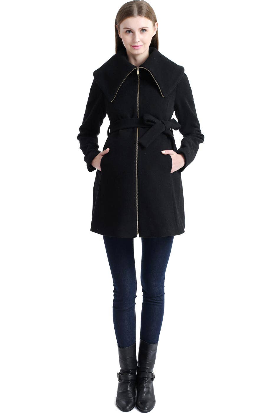 Kimi + Kai Maternity "Mia" Wool Blend Fold Collar Coat Black for wholesale on Faire3