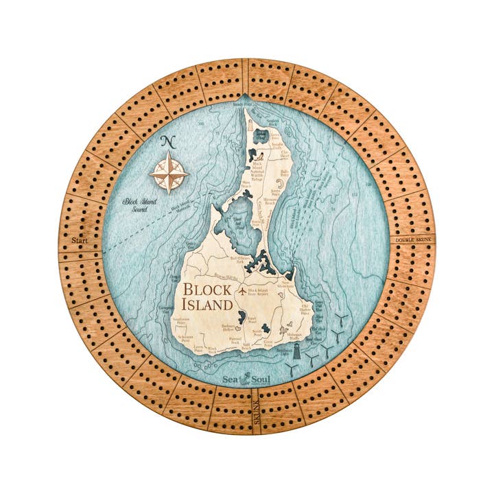 Sea & Soul Nautical Chart Art - Vente Jeux de cartes - Planche de cribbage en bois nautique personnalisée de Block Island11
