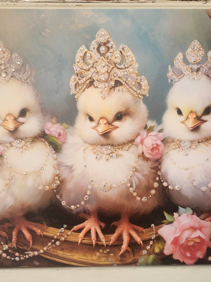 Canvas Wall Art Three Chickens n Tiaras Jewels Rhinestones for wholesale by Little Heart Designs