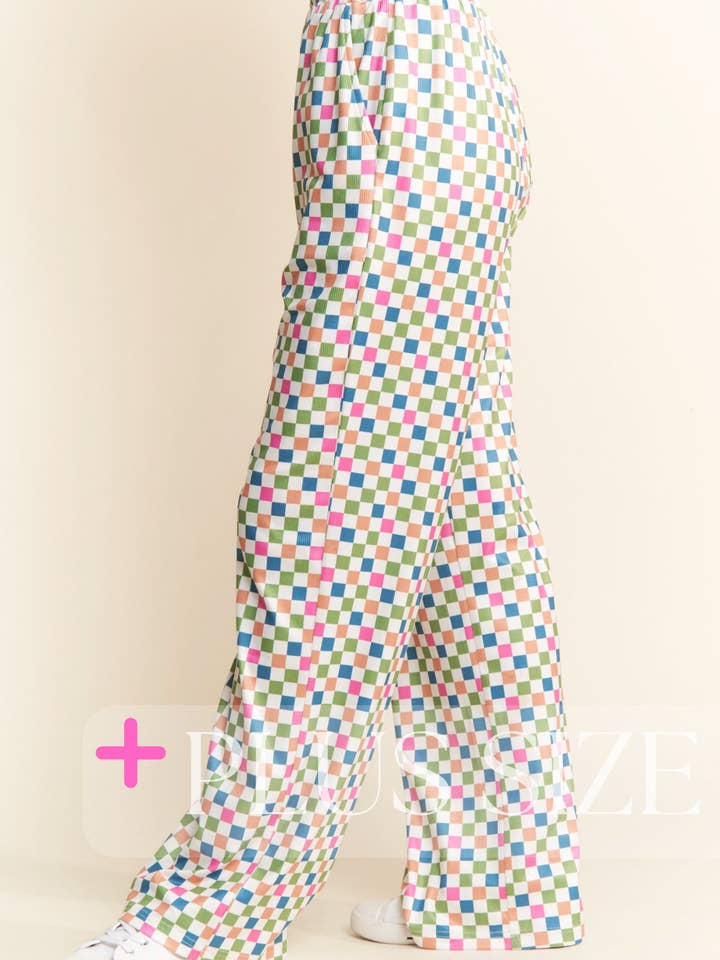 Green Multi PLUS SIZE ~ Retro Checkered Print Full Length Pants for wholesale on Faire1