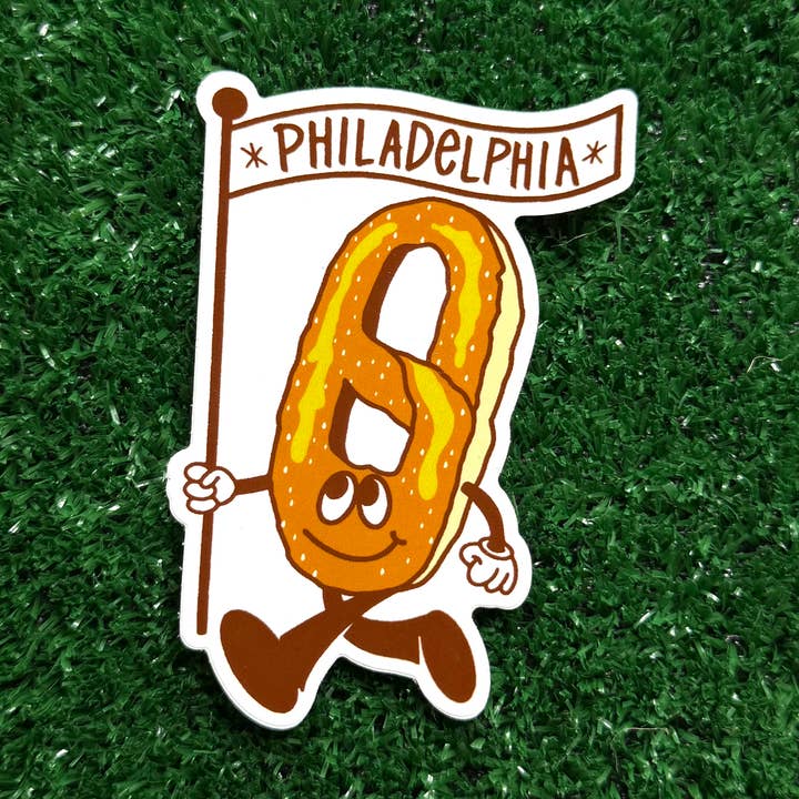 Marching Philly Pretzel sticker for wholesale by Yardsale Press