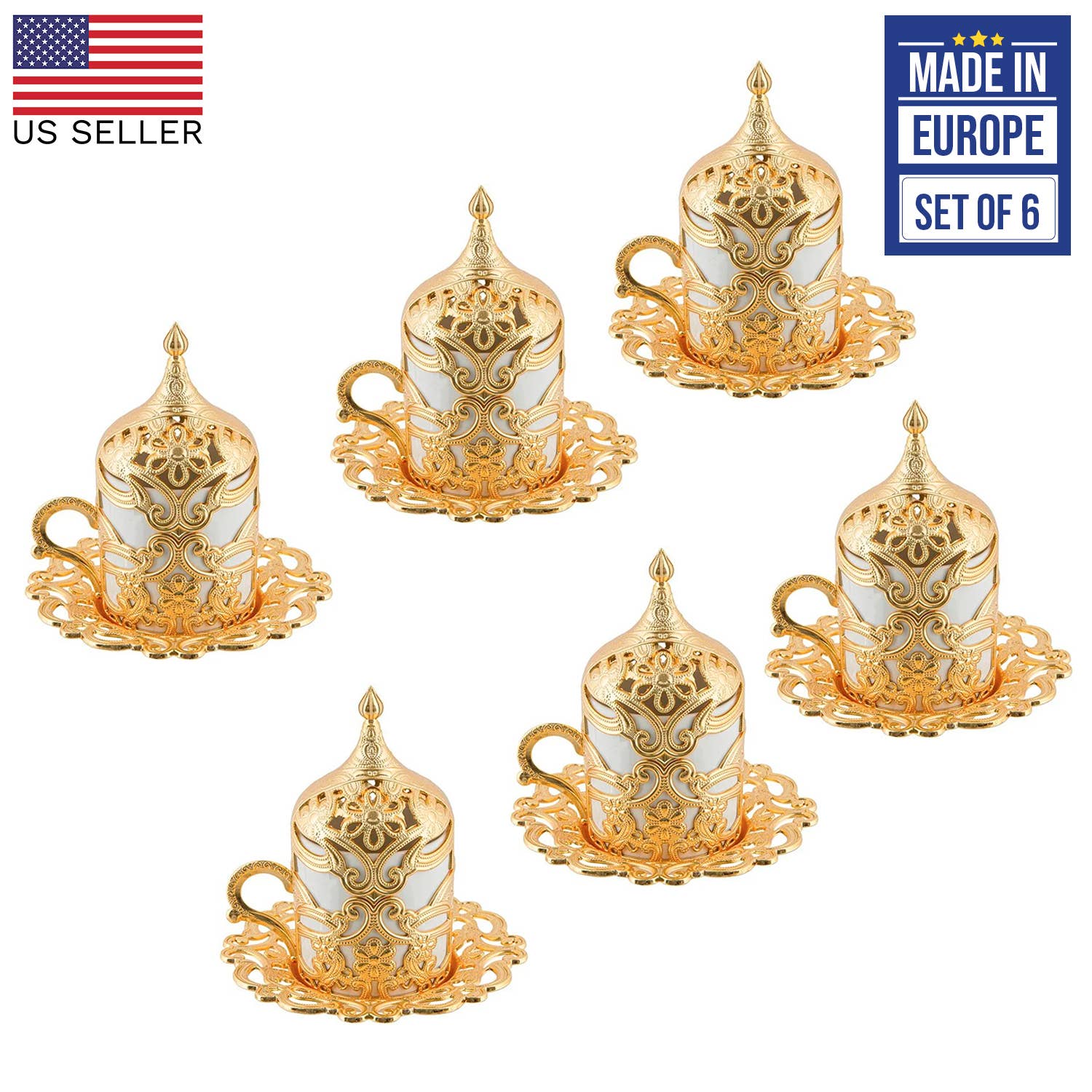 Hakan - Wholesale Coffee/Tea Cup - Floral Turkish Coffee Cups Set of 6, 24 Pieces Set, 2 Oz2