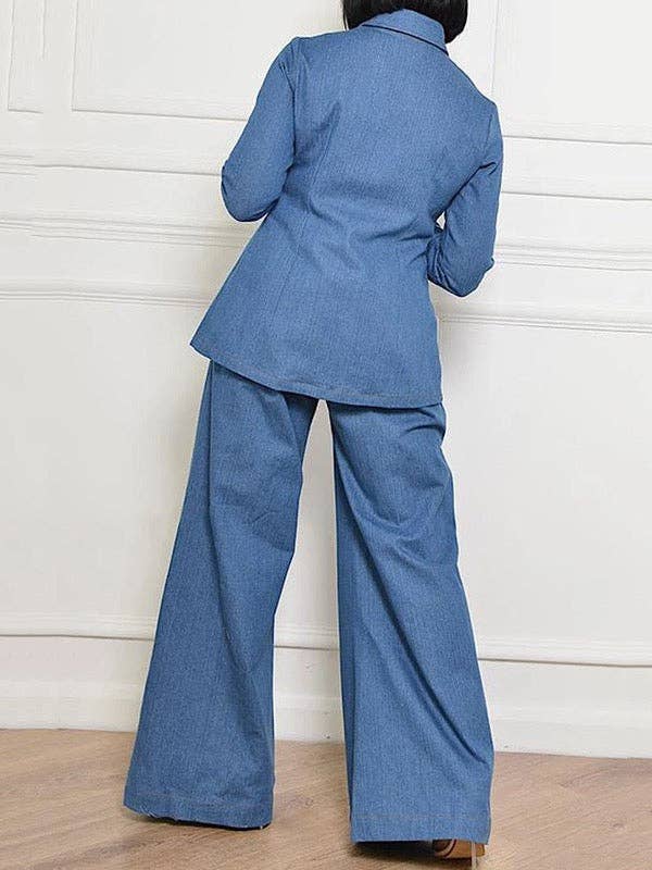 DENIM BLUE High-Waisted Jeans with Pockets and Lapel Blouse Sets for wholesale on Faire4