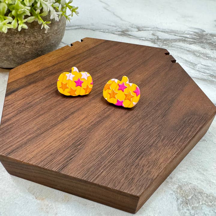 Acrylic Stud Earrings - Halloween - Orange Multi Star Pumpkin for wholesale by Hive Supply