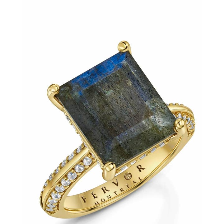 Bagues à cocktail en labradorite taille émeraude pour la vente par Fervor Montréal