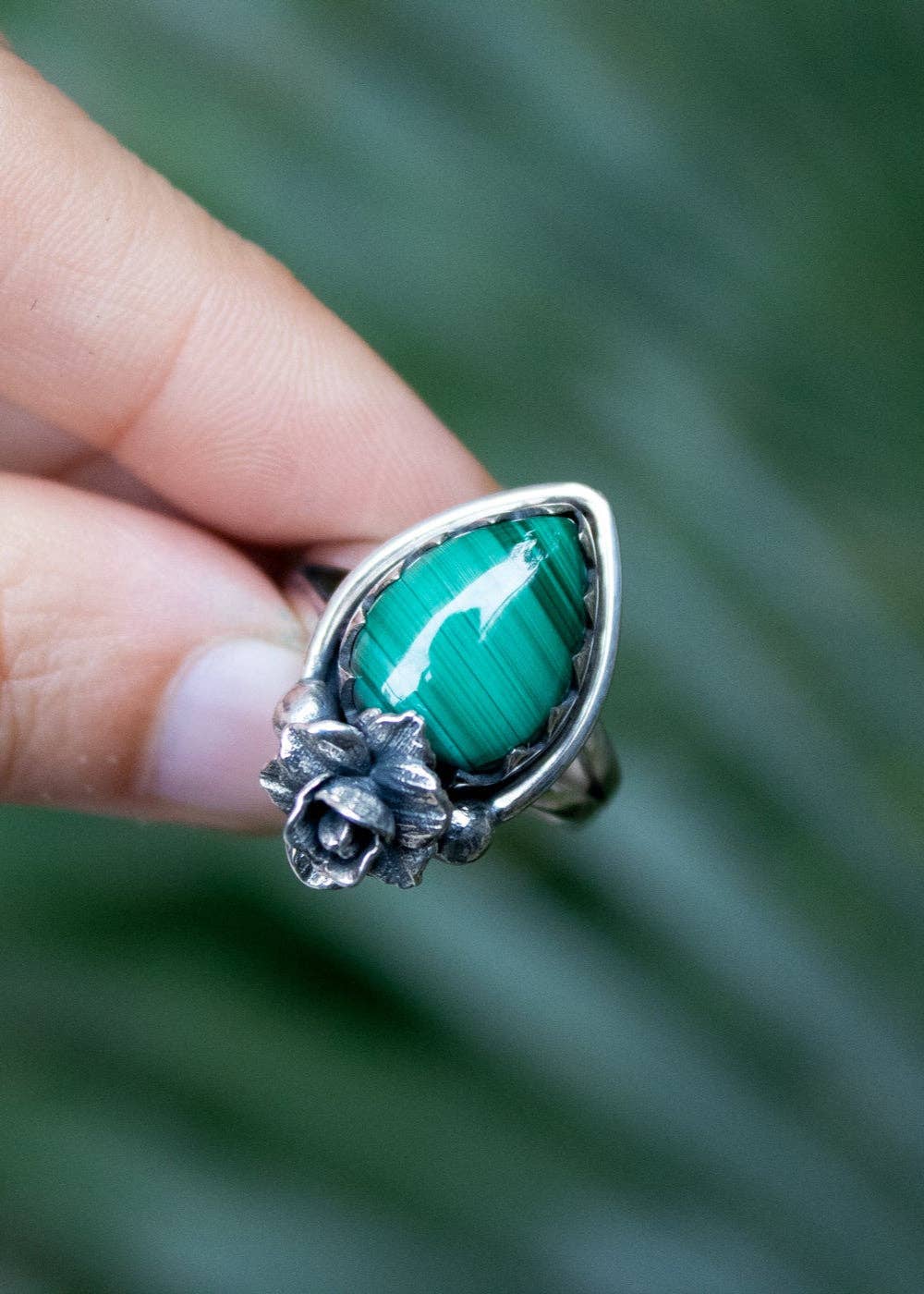 Ambra Jewels - Wholesale Cocktail/Statement Ring - Petite Floral Radiance Malachite Ring, AR-69132