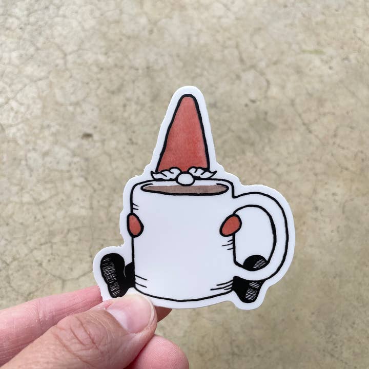 Coffee Gnome vinyl sticker for wholesale by KM Art and Design