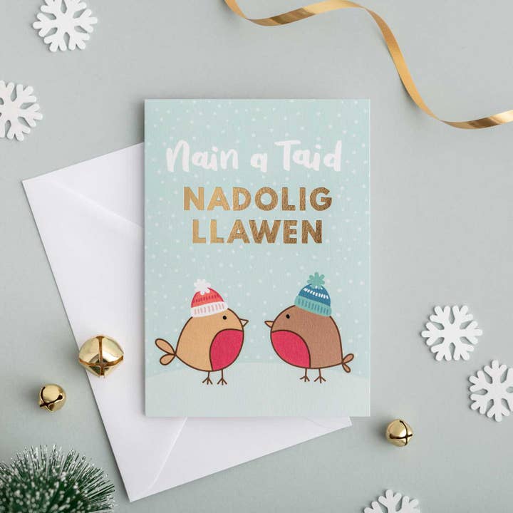 Tarjeta de Navidad galesa «Nain a Taid Nadolig Llawen» para abuelo y abuelo, lámina dorada para venta al por mayor de Draenog