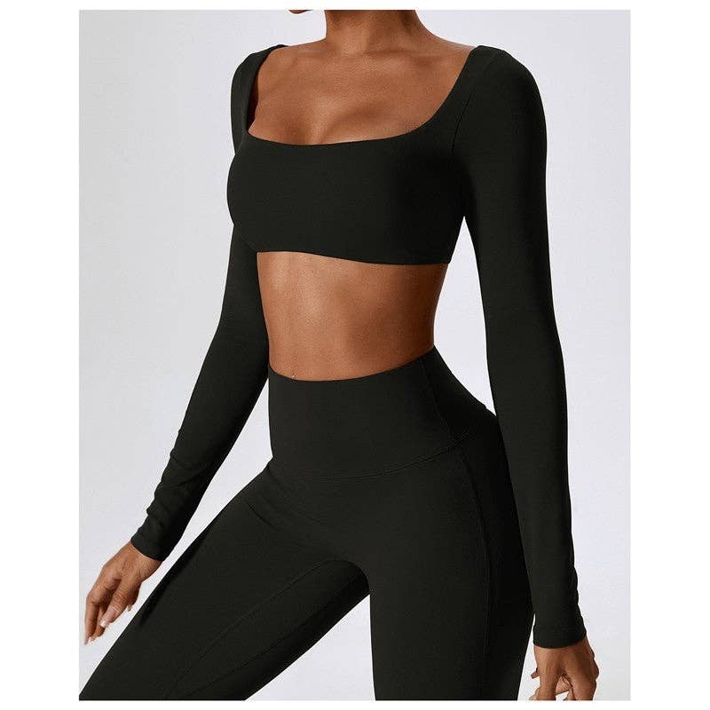 FurDecoration - Wholesale Activewear Set - Women's - Solid Color Square Neck Long Sleeve Cropped Top and Skinny Pants Set2