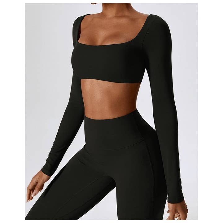 FurDecoration - Wholesale Activewear set – Women′s - Solid Color Square Neck Long Sleeve Cropped Top and Skinny Pants Set2