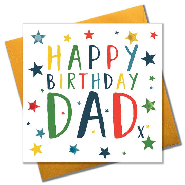 Birthday Card, Colour Stars, Happy Birthday, Dad, Embellished with pompoms for wholesale by Claire Giles Ltd