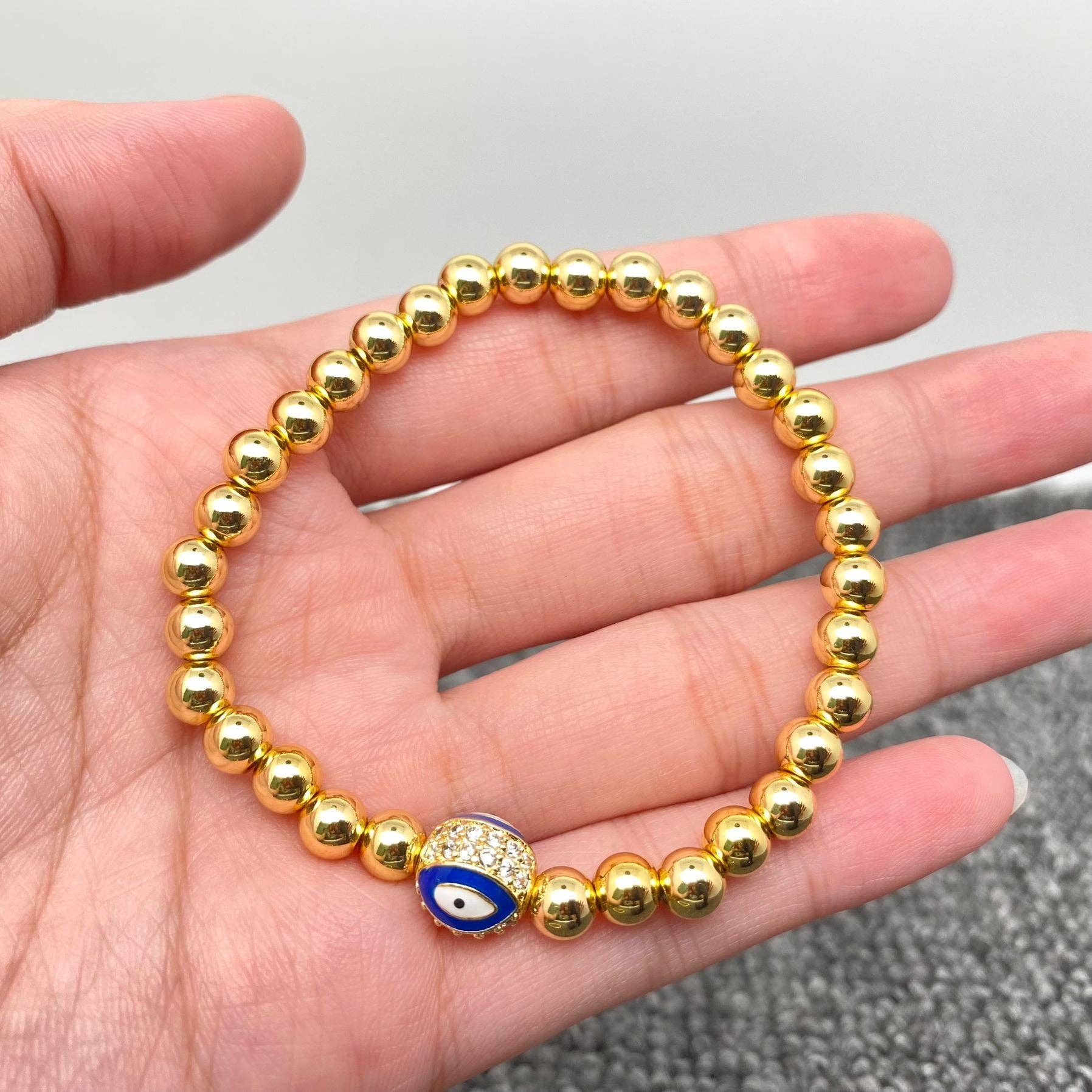 Mio Queena - Wholesale Charm/Dangle Bracelet - Triple Evil Eyes Ball Charm14K Gold Plated Elastic Bracelet5